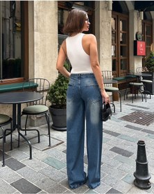 Resim Shevega Kadın Mavi Işlemli Çift Köprülü Bol Paça Kot Pantolon Mavi 