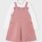 Resim Kız Çocuk Normal Kalıp Fiyonk Detaylı 2'li Salopet Elbise Takımı - Gül Kurusu MAvi 