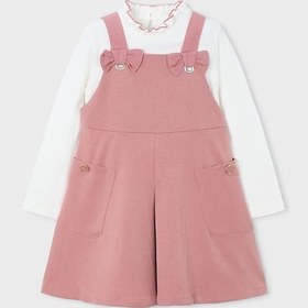 Resim Kız Çocuk Normal Kalıp Fiyonk Detaylı 2'li Salopet Elbise Takımı - Gül Kurusu MAvi 