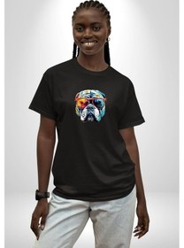 Resim Bull Terier Köpek Gözlük Renkli Pamuklu Bisiklet Yaka Unisex Oversize Boyfriend Dijital Baskılı Siyah T-shirt Siyah 