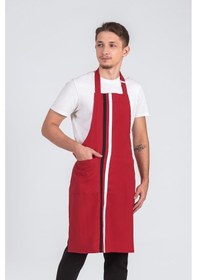 Resim Erkek Boyundan Asmalı Çizgili Barista Şef Mutfak Önlüğü Kırmızı 