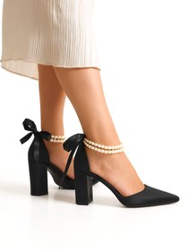 Resim FOLLOWIN Kadın Bride Siyah Saten İncili Kalın Topuklu Nikah Düğün Gelin Ayakkabısı 