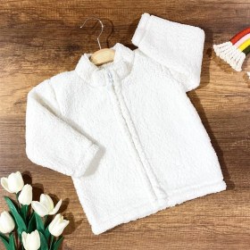 Resim Renkli Puset Bebek Hırka Ekru Peluş Polar Kısa Kol Dik Yaka Düz Desenli Konforlu Tasarım 
