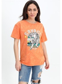 Resim T-shirt Yıkamalı Kumaş Bisiklet Yaka - Turuncu-turuncu Turuncu 
