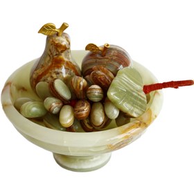 Resim Doğal Oniks Taş Meyve Seti – 6 İnç Ayaklı Çanak, El Yapımı Armut-Elma-Üzüm Dekor, Beyaz & Kahve Desenli - kahve 