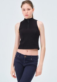 Resim Asena Mila Yakası Fermuarlı Kaşkorse Fıtted/vücuda Oturan Siyah Crop 