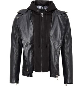 Resim Butler Erkek Siyah Kapüşonlu Biker Deri Ceket - Siyah / 