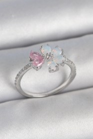 Resim Pirinç Gümüş Renk Beyaz Mineli Pembe Zirkon Taşlı Çiçek Model Kadın Yüzük Diğer 