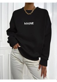 Resim Kadın Maın Baskılı Oversize Bisiklet Yaka Sweatshirt Siyah Siyah 