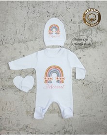 Resim yzc home size dair... K106 T Isme Özel Isimli Baskılı Bebek Tulum Şapka Eldiven Set Hastane Çıkışı 