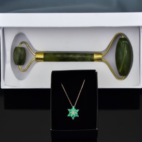 Resim Papatya Silver 925 Ayar Gümüş Rose Kaplama Yeşil Opal Taşlı Lotus Çiçeği Kolye Yeşim Taşı Yüz Masaj Aleti Hediye 