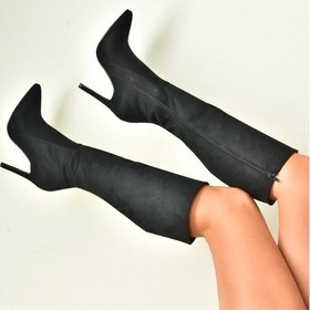 Resim Fox Shoes Siyah Süet İnce Topuklu Sivri Burun Kadın Çizme N372530102 Siyah-süet 