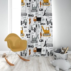 Resim Halı Vagonu HV226 Dozerli Kamyon Desen Çocuk Odası Kadife Kumaş Fon Perde - 140x280 / Tek Kanat 