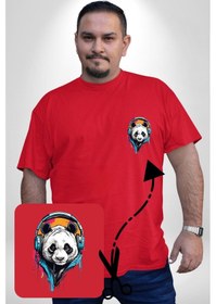 Resim Angemiel Kulaklık Ayı Panda Kırmızı Büyük Beden Kadın Basic Minimal Baskılı Tişört Kırmızı 