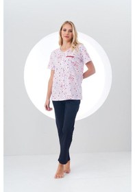 Resim Pjs Kadın Desenli Önden Düğmeli Kısa Kollu Pijama Takım Beyaz 