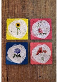 Resim Doğal Taş Bardak Altlığı 4'lü Set - Çiçek Desenli Taş Bardak Altı - Stone Coasters Çok Renkli 