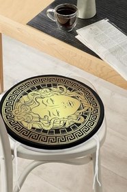 Resim RealHomes Özel Tasarım Siyah Zeminde Gold Medusa Yuvarlak Fermuarlı Sandalye Minderi 