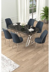 Resim Canisa Lai Serisi 90x168 Lak Panel Sonata Krom Ayak Masa Takımı 6 Antrasit Sandalye Masa Siyah Mermer Sandalye Antrasit Krom Detay 