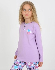 Resim Kız Çocuk Uzun Kollu %100 Pamuklu Düğme Detaylı Pijama Takımı Love Me Lila 