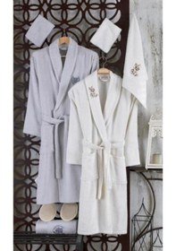 Resim Güvenal Rüya 10 Parça Nakışlı Bornoz Seti | Bornoz Takımı Krem 