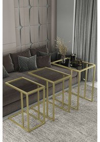 Resim 3'lü Sarı Koltuk Sehpası&yan Sehpa Şeffaf Füme Cam 