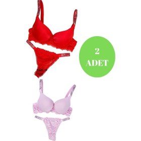Resim Tılsım Lingerie Murays Kadın 2 Li Taşlı Sütyen Takım Kırmızı - Pembe 
