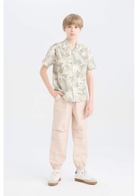 Resim DeFacto Erkek Çocuk Oversize Geniş Kalıp Polo Yaka Palmiye Desenli Kısa Kollu Gömlek D7780A825SMGN497 