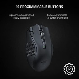 Resim Razer Naga V2 HyperSpeed - Ergonomik Kablosuz MMO Oyun Faresi (19 Programlanabilir Düğme, HyperSpeed Kablosuz (2,4 GHz), Bluetooth, 250 Saate Kadar, Focus Pro 30K Optik Sensör) Siyah 