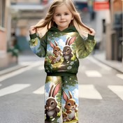 Resim Kız Çocuk İlkbahar & Sonbahar Günlük Kapüşonlu Sweatshirt & Pantolon Takımı - Sevimli Tavşan Baskılı, Uzun Kollu Cepli Kazak, Normal Kesim, Açık Hava Oyunları & Günlük Kullanım İçin Mükemmel, Dış Giyim | Eğlenceli Tasarım | Rahat Kesim, Tavşan Desenli Kıyafetler 