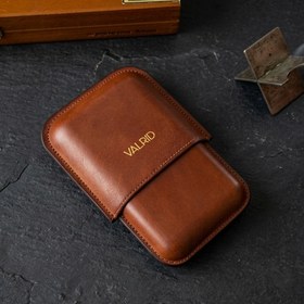 Resim El Yapımı Premium Deri Puro Kılıfı - Camel / Üçlü 