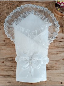 Resim Bebek Dış Kundak Battaniyesi Dantelli Lüks Bebek Kundağı Unisex Hastane Çıkışı Mevlütlük Battaniye Ekru 