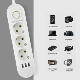 Resim Gaman Vea 1.5 Metre 3'lü Akım Korumalı Priz ve 3'lü USB Şarj Aleti 3000 Watt Beyaz 