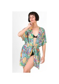 Resim Pareo Plaj Elbisesi Kimono Std Yazlık Oversize Tül Gömlek Kemerli Elbise Şal Desen Yeşil 