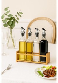 Resim Cam Zeytinyağı Ve Sirke Şişesi Seti Doğa Ahşap Tutucu 250ml Sızdırmaz Kapaklı Sos Yağdanlık Set Standlı 4'lü Set Ahşap 