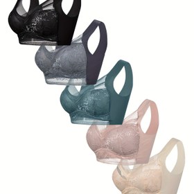 Resim 5 Paket Çiçek Desenli Dantel Sporcu Sütyenleri, Tam Kapsamlı Kablosuz Yoga Toparlayıcı Sütyenler, Olgun Stil, Örme Kumaş, 100gsm, Çıkarılamayan Dolgu, Poliamid %82 Elastan %18, Kadınlar İçin Nefes Alabilen Konforlu Aktif Giyim 