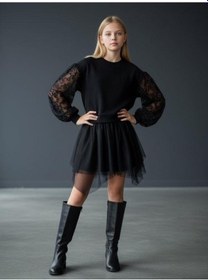 Resim Kız Çocuk Kolları Tül Detaylı Tasarım Sweatshirt-16551 Siyah 
