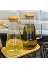 Resim Cam Şişe Yağdanlık 900 Ml Bambu Vakumlu Kapak Ahşap Stantlı 