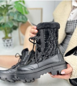 Resim Günlük Kadın Kar Botu Kürklü Bağcıklı Fermuarlı Rahat Yüksek Kalın Tırtıklı Taban Bootie 7441 Siyah 