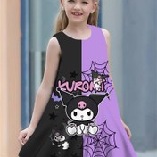 Resim Sanrio Kuromi Kızlar için Günlük Elbise - Siyah ve Mor Karikatür Baskılı Yıldızlar ve Yarasa Desenli, Gençler için %100 Polyester Hafif Yazlık Elbise, Sadece Elde Yıkama Açık Hava Oyun Kıyafeti, Kızlar için Giysiler 