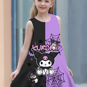 Resim Sanrio Kuromi Kızlar için Günlük Elbise - Siyah ve Mor Karikatür Baskılı Yıldızlar ve Yarasa Desenli, Gençler için %100 Polyester Hafif Yazlık Elbise, Sadece Elde Yıkama Açık Hava Oyun Kıyafeti, Kızlar için Giysiler 