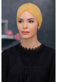 Resim Hürrem Bone Gold Pratik Hazır Geçmeli Tesettür Bone Sandy Kumaş Taçlı Büzgülü Altın 