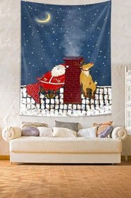 Resim Pelangi Yılbaşı Gecesi Geyik Ve Noel Baba Leke Tutmaz Kumaş Duvar Örtüsü Duvar Halısı Tapestry PNTR130, 70 x 70 