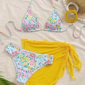 Resim Kadınların Çiçek Desenli Parlak Sarı Sarma Etek Bikini Seti - Seksi Dantel Detaylı Strapless Mayo, Ayarlanabilir Bel Kemerli, Plaj ve Havuz İçin Yüksek Esneklikli Kumaş, Plaj Giyim Temelleri|Çiçek Desenli Bikini|Ayarlanabilir Strapless Mayo 