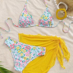 Resim Kadınların Çiçek Desenli Parlak Sarı Sarma Etek Bikini Seti - Seksi Dantel Detaylı Strapless Mayo, Ayarlanabilir Bel Kemerli, Plaj ve Havuz İçin Yüksek Esneklikli Kumaş, Plaj Giyim Temelleri|Çiçek Desenli Bikini|Ayarlanabilir Strapless Mayo 