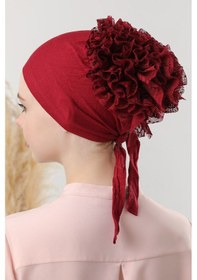 Resim Melodi Scarf Tesettür Fırfırlı Bone Bordo Bordo 