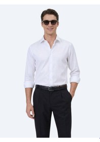 Resim Kip Beyaz Düz Slim Fit Uzun Dokuma Klasik Pamuk Karışımlı Gömlek 
