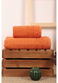 Resim 2 Parça Banyo Havlu Takımı %100 Pamuklu Çubuk Desen Turuncu Renkli 