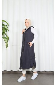 Resim HNT Hayrunnisa Tesettür Kapüşon içi Ekose Desen Detaylı Yelek Koyu Gri HNT8568 