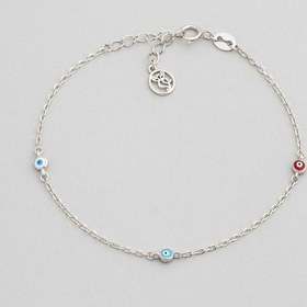 Resim Minimal Nazar 18 Ayar Beyaz Altın Kaplama 19 Cm Gümüş Bileklik Rodyum 