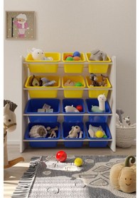 Resim 12 Sepetli Çok Amaçlı Oyuncak Dolabı Montessori Dolap Sarı-mavi Sarı-Mavi 